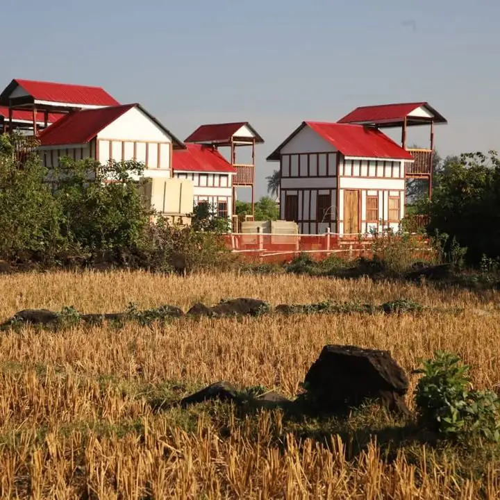 A row of El Marena cottages seen across the fields