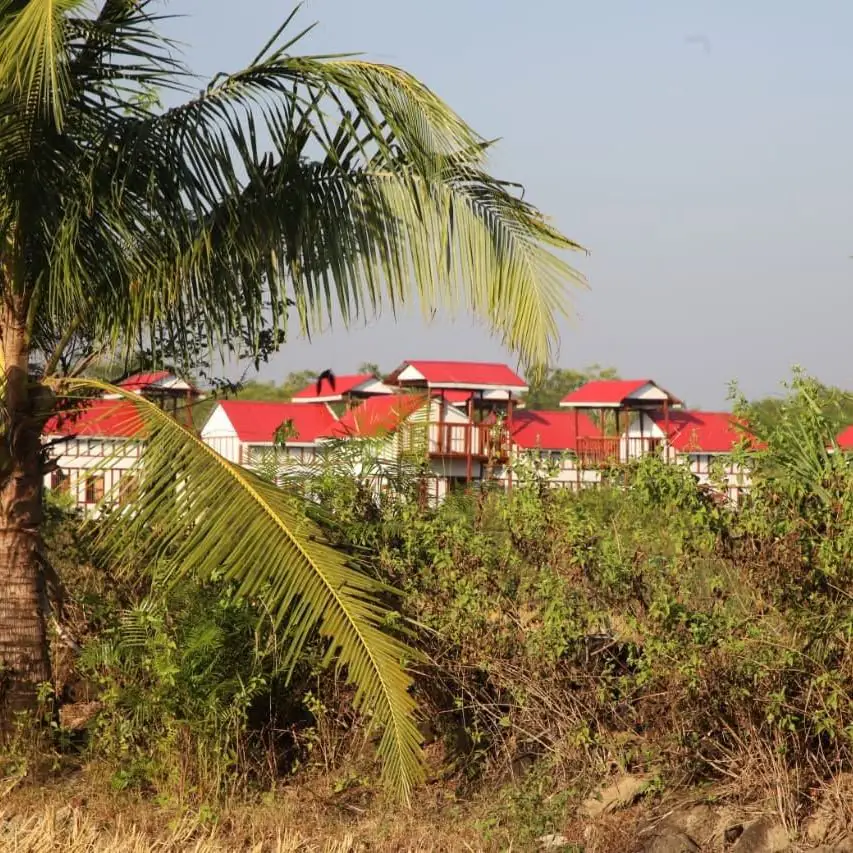 Cottages framed by palm leaves and island greenery